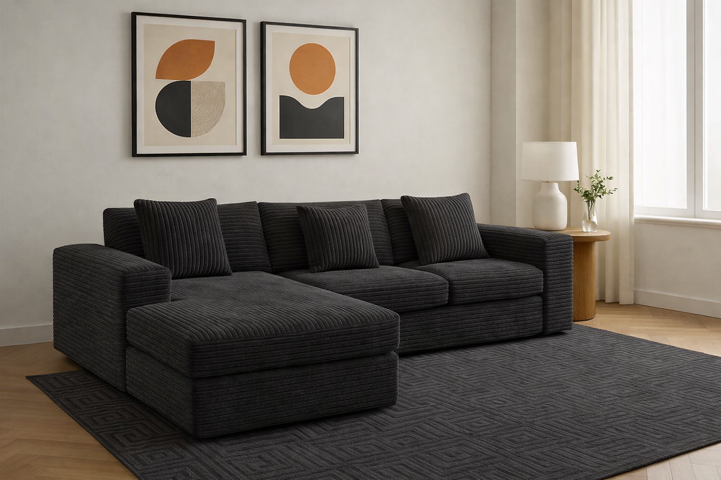 MYINDA L-Shaped Sectional Modular Sofa – Corduroy Compressed Sofa with Movable Ottoman (Double-Left)