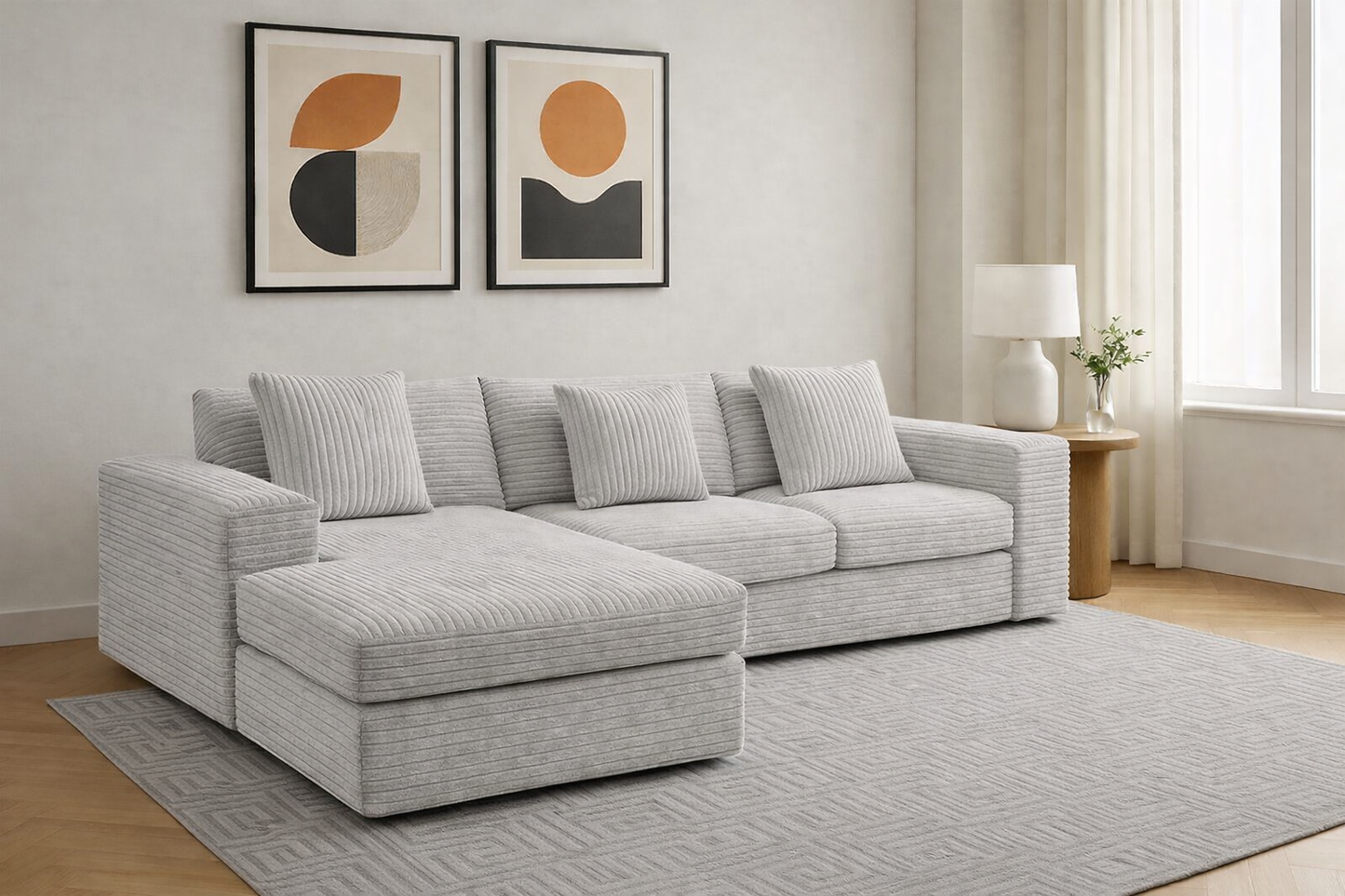 MYINDA L-Shaped Sectional Modular Sofa – Corduroy Compressed Sofa with Movable Ottoman (Double-Left)