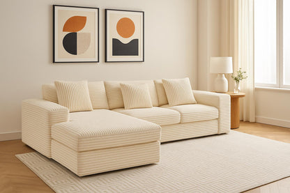MYINDA L-Shaped Sectional Modular Sofa – Corduroy Compressed Sofa with Movable Ottoman (Double-Left)